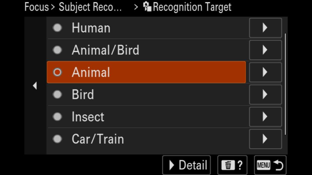 you able to choose Auto, Human, Animal/Bird, Animal, Bird, Insect, Car/Train, or Airplane...but you can fine-tune the AF settings of each of those subjects individually.