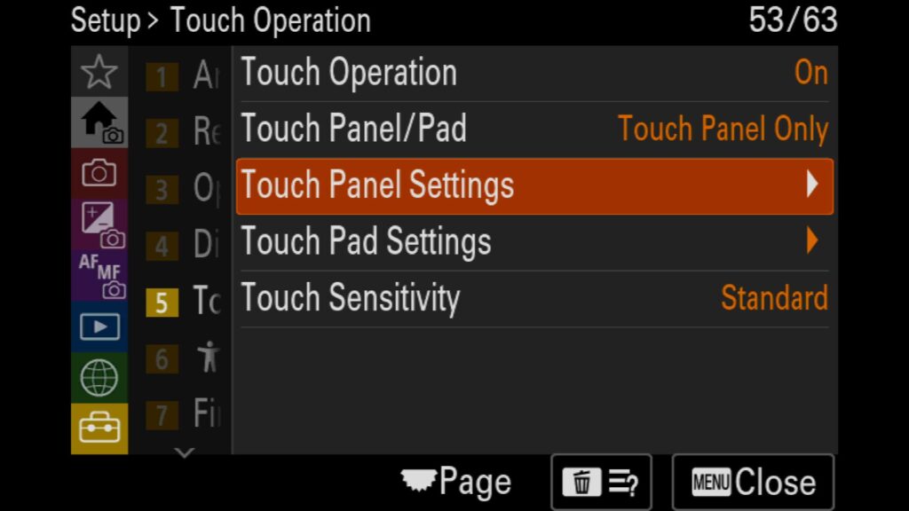 Playing With The Touch Focus Settings, All of these settings are found in the "Setup" menu under "5: Touch Operation". From there go to "Touch Panel Settings" and select "Shooting Screen". For the Sony a1 II by Colby Brown Photography.