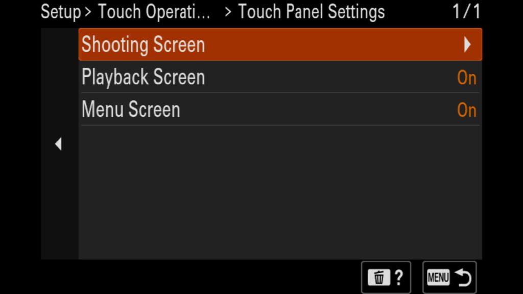 Touch Panel Settings, All of these settings are found in the "Setup" menu under "5: Touch Operation". From there go to "Touch Panel Settings" and select "Shooting Screen". For the Sony a1 II by Colby Brown Photography.