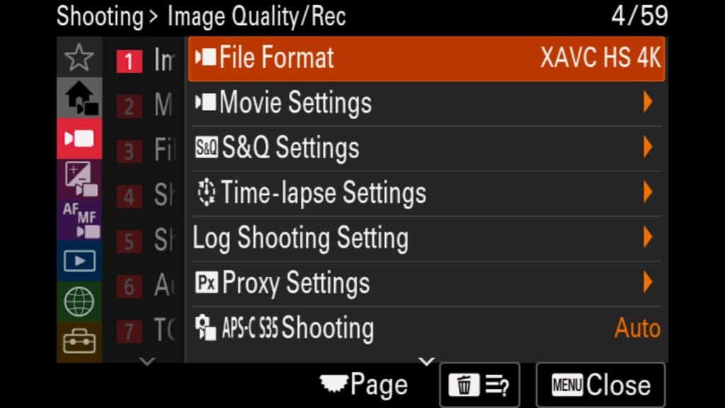 "Shooting" menu under "Image Quality/Rec, For the Sony a1 II by Colby Brown Photography.