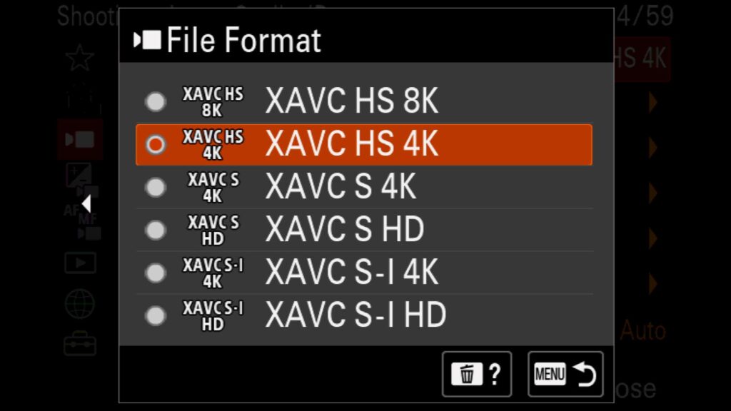 "Shooting" menu under "Image Quality/Rec, - File Format, For the Sony a1 II by Colby Brown Photography.