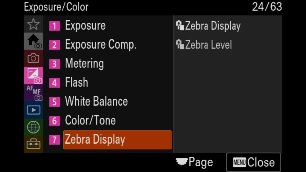 Selecting a Custom Zebra Display Level for Protecting Highlights, These settings are in the "Exposure/Color" menu under "7: Zebra Display". There, you will find both "Zebra Display" and "Zebra Level". For the Sony a1 II by Colby Brown Photography.