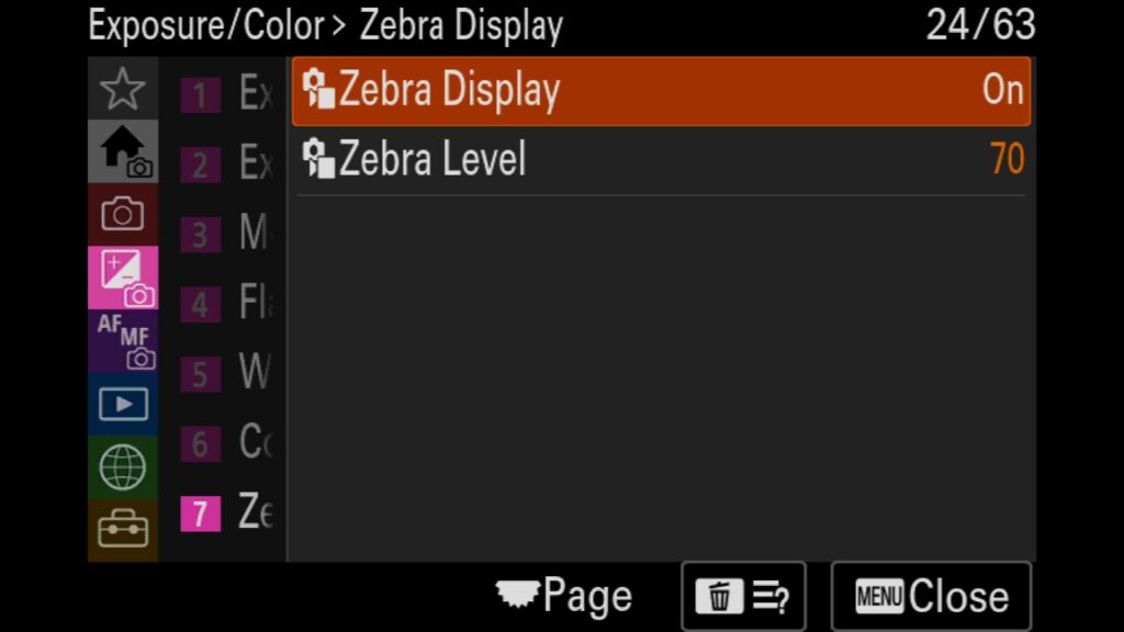 Selecting a Custom Zebra Display Level for Protecting Highlights, These settings are in the "Exposure/Color" menu under "7: Zebra Display". There, you will find both "Zebra Display" and "Zebra Level". For the Sony a1 II by Colby Brown Photography.