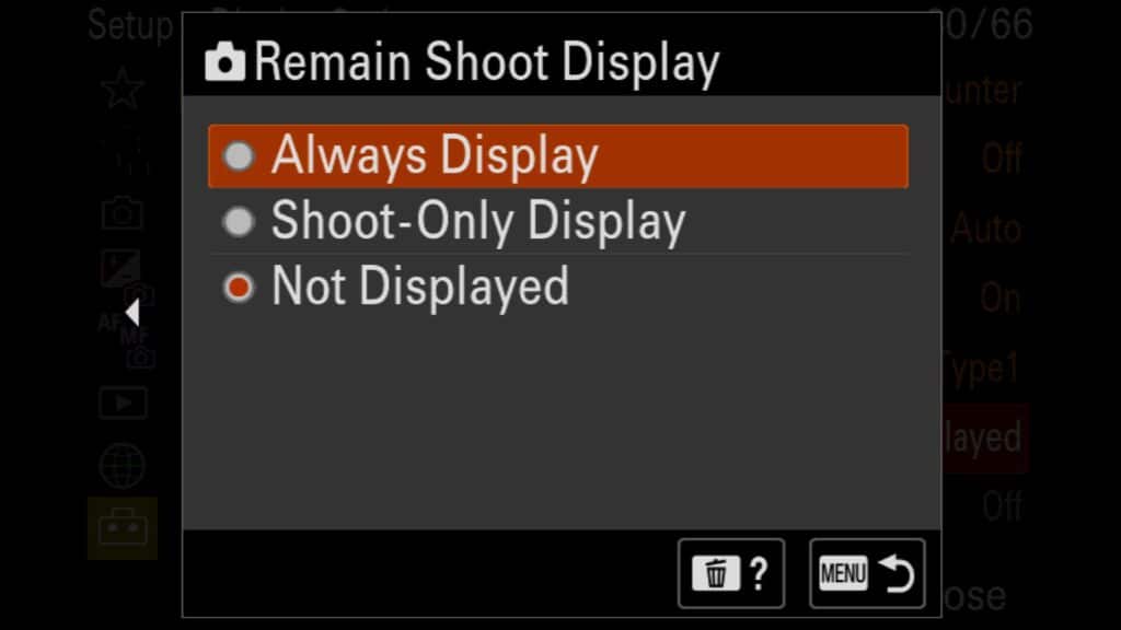 Remain Shoot Display options include Always display, Shoot-Only Display or Not Displayed to show the Image Buffer Bar on the Sony a1 II